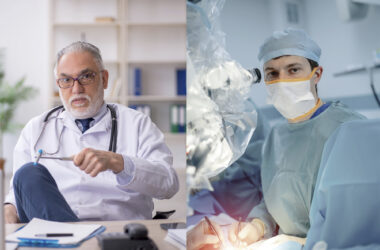 Neurologist on the left side, neurosurgeon on the right